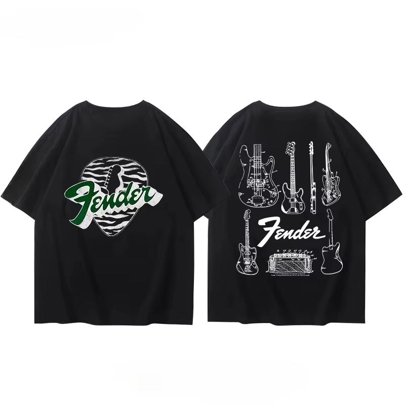 Summer Mens TShirt Fender Electric Guitar Band Short Sleeve Boys and Girls Summer Guitarist Clothing Around Printed TShirt