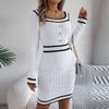 Women's Fashion Retro Colorblock Square Neck Button Long Sleeve Sweater Hip Dress