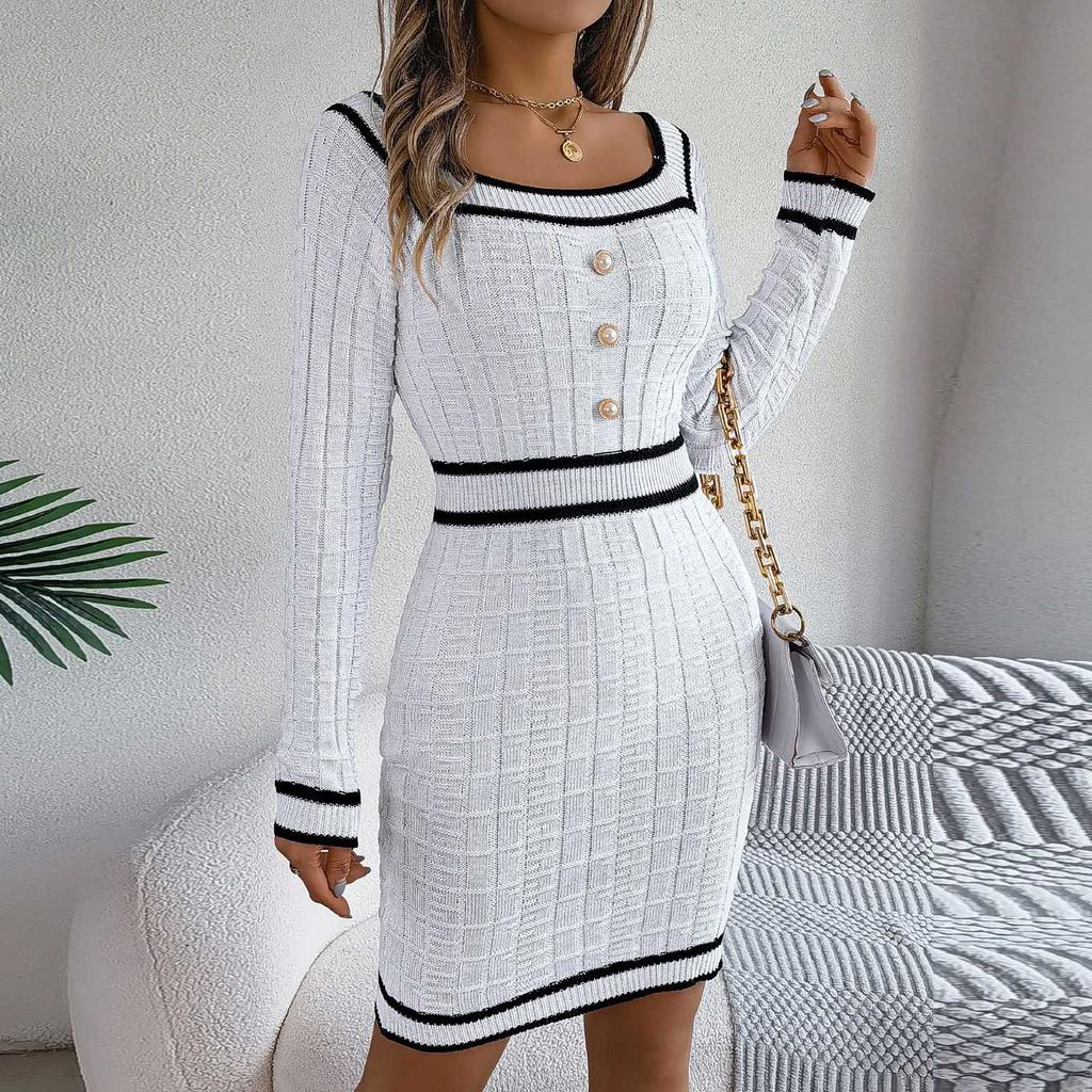 Women's Fashion Retro Colorblock Square Neck Button Long Sleeve Sweater Hip Dress