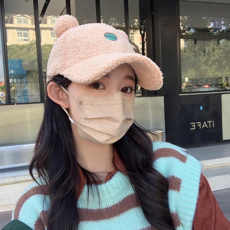 Korean Version of Autumn and Winter Warm Cartoon Hat for Women Imitation Lamb Fur Baseball Hat for Women Cute Student Fur Ball Ear Baseball Cap