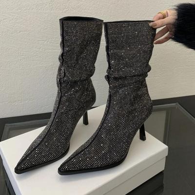Luksusowe botki na wysokim obcasie ze strasami damskie jesień zima szpiczasty nosek designerskie nowoczesne buty brokat seksowne krótkie buty damskie