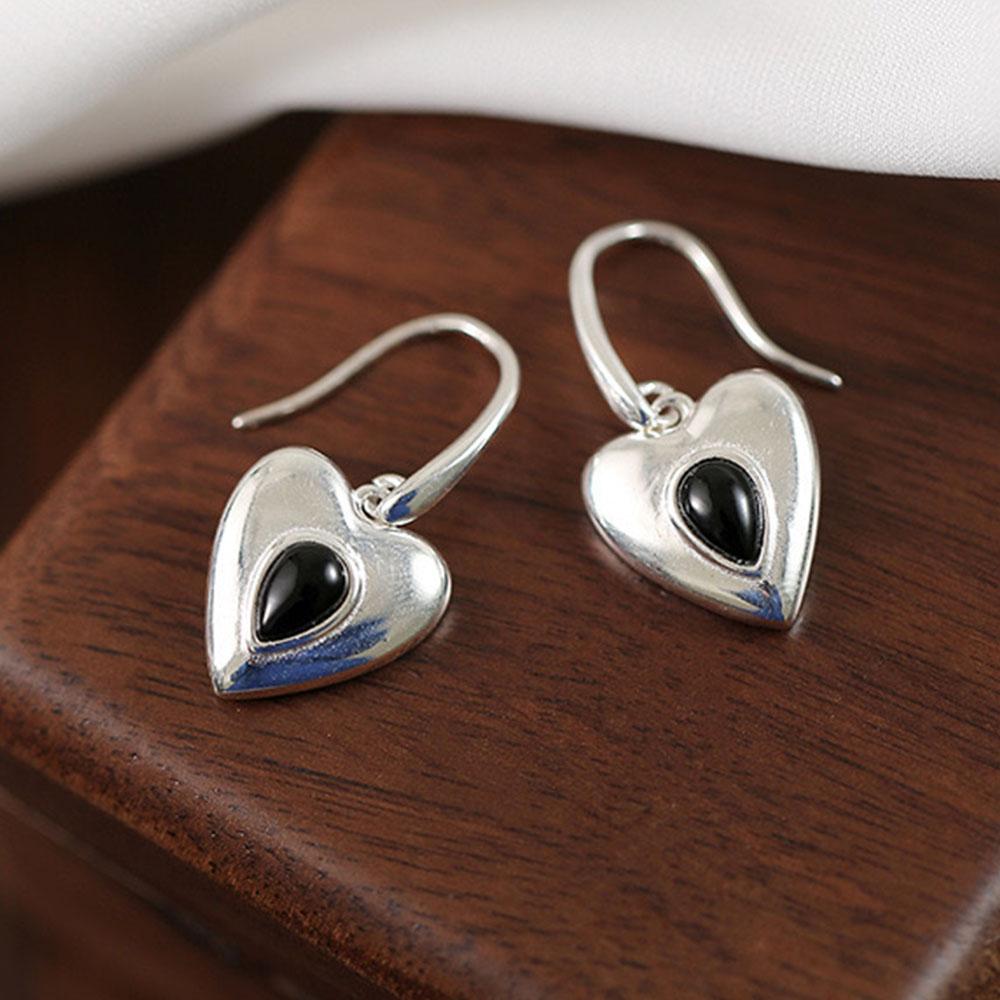 

BF CLUB 925 Sterling Silver Heart Earrings For Women Trendy Simple Retro Black Earring Jewelry Prevent Allergy Party Accessories