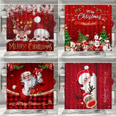Christmas Shower Curtain, Winter Holiday Farm Snowman Santa Claus Christmas Tree Farmhouse Christmas Balls Bathroom Decorat