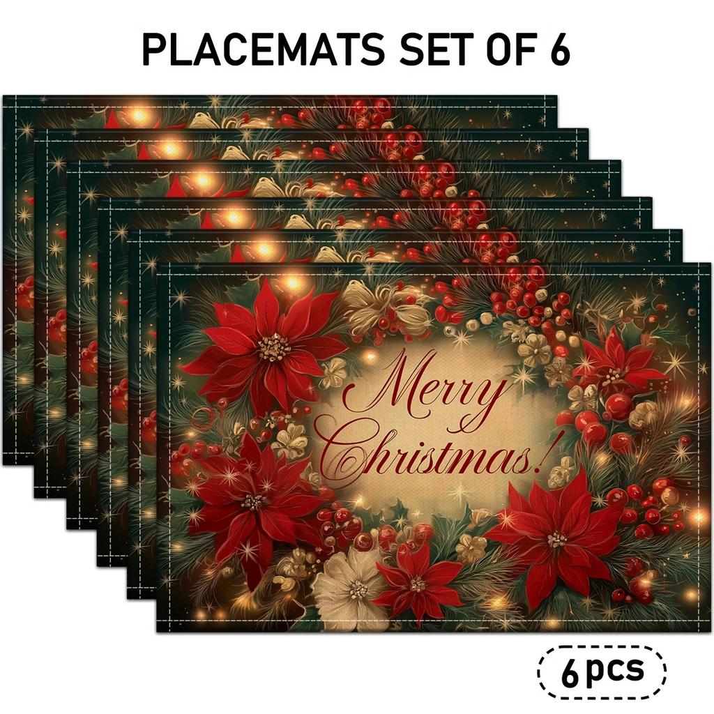 4/6pcs, Christmas Poinsettia Placemats, Hand-Painted Merry Christmas with Red Berries And Green Pine Branches Linen Table Mats, Suitable for Holiday K