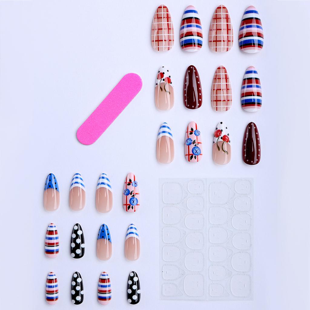 24PCS Press On Nails Polka Dot Stripe 3D Cherry Blueberry Almond Shape Fake Nails Wearable Full Cover Nails Tips For Women