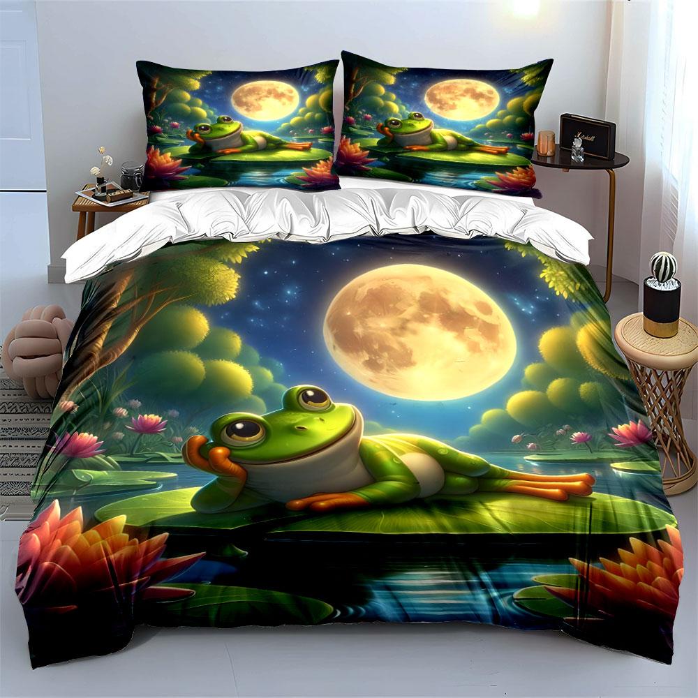 "Frog Relaxing Under Moonlight Scene" kid's and adults' bedroom decor, Exquisite three-piece bedding set gift