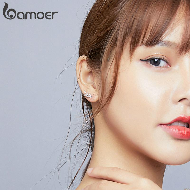 BAMOER Cercei cu urechi de grâu strălucitori, cu știfturi cu geometrie, pentru femei, bijuterii din argint 925 pentru urechi