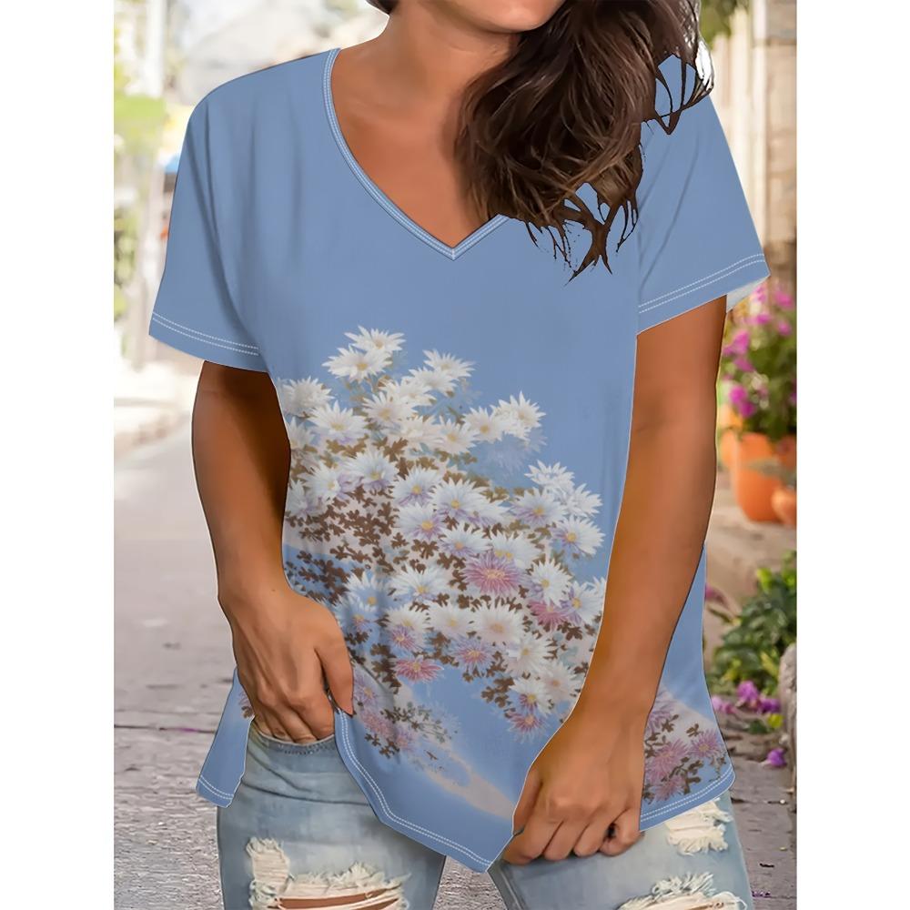 Summer Women's Casual V-neck Short Sleeved T-shirt Strawberry Flowers 3D Printing Fashionable Comfortable Breathable Loose Sports Versatile T-shirt