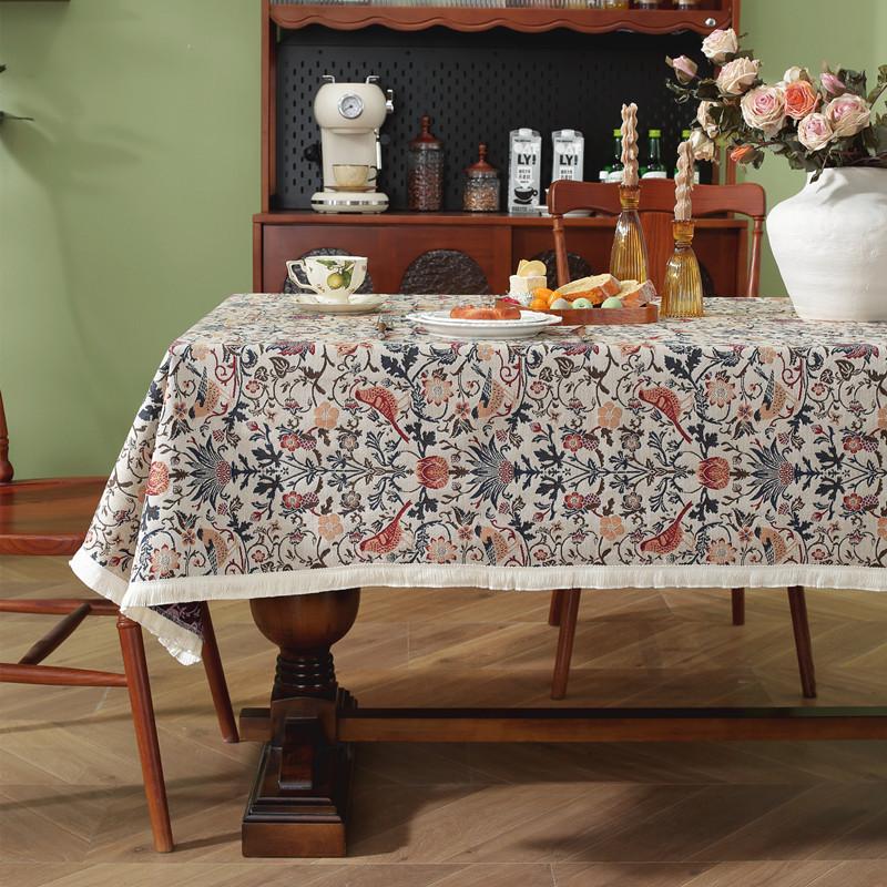 Retro Polyester Cotton Color Woven Jacquard Plant Fan-Shaped Flower Fringed Tablecloth Rectangular Coffee Table Tablecloth Dining Table Cloth