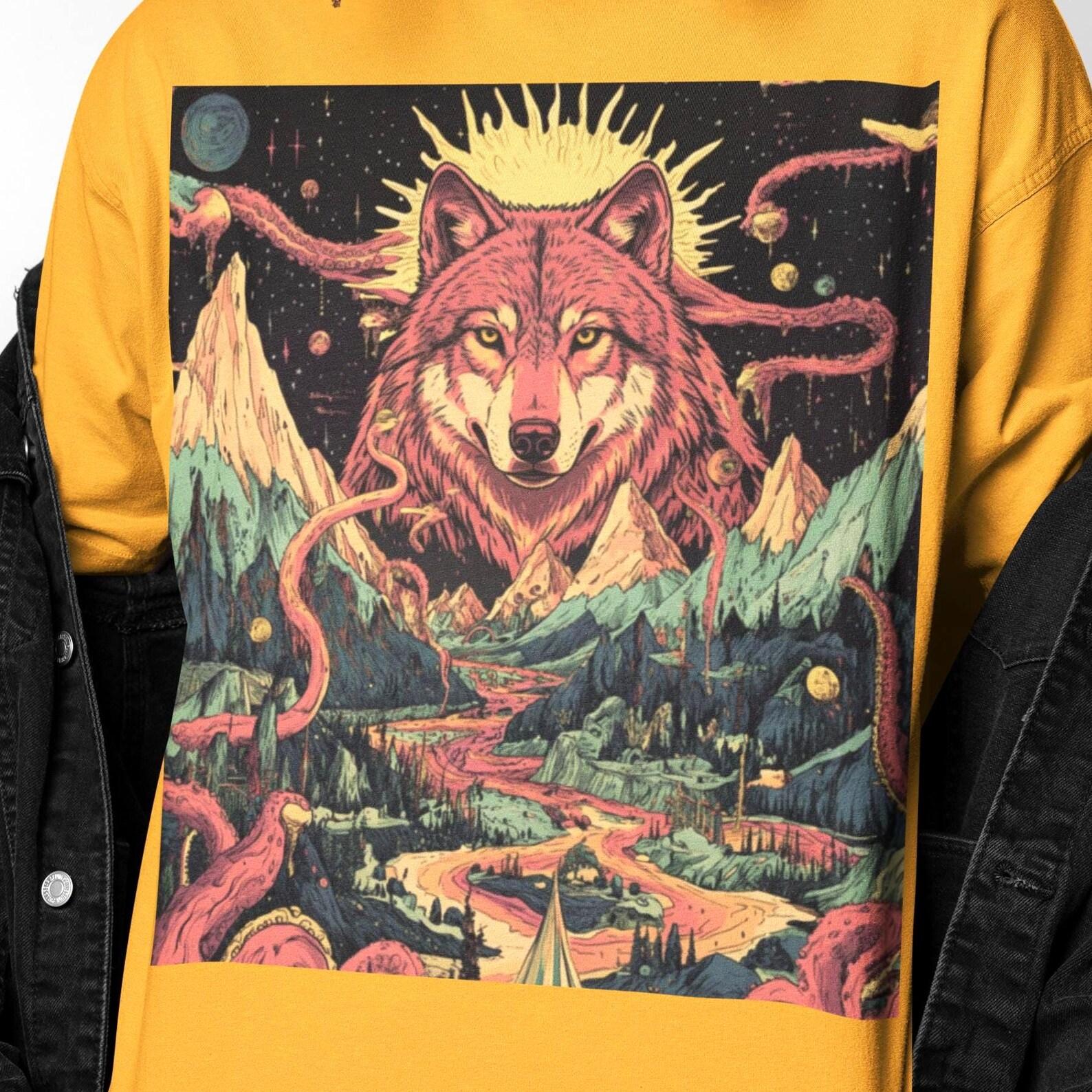 Psychedelic Wolf Shirt | Trippy Wolf Graphic Tee | Surreal Cosmic Wolf Art T Shirt | Fantasy Wolf Gift L