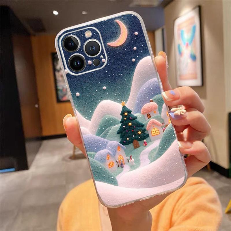 Phone Case For Iphone 17 16 Pro Max 15 14 13 Pro Max 17 Air 15 16 Pro 15Plus Cozy Crochet Winter Village Art