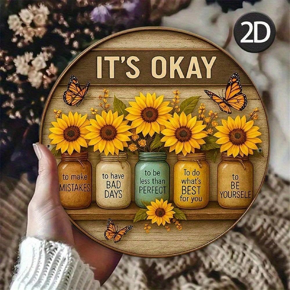 Retro Sunflower Tin Sign Inspirational Quote Round Metal Wall Art 8 Inch For Kitchen Cafe Garden Laundry Room