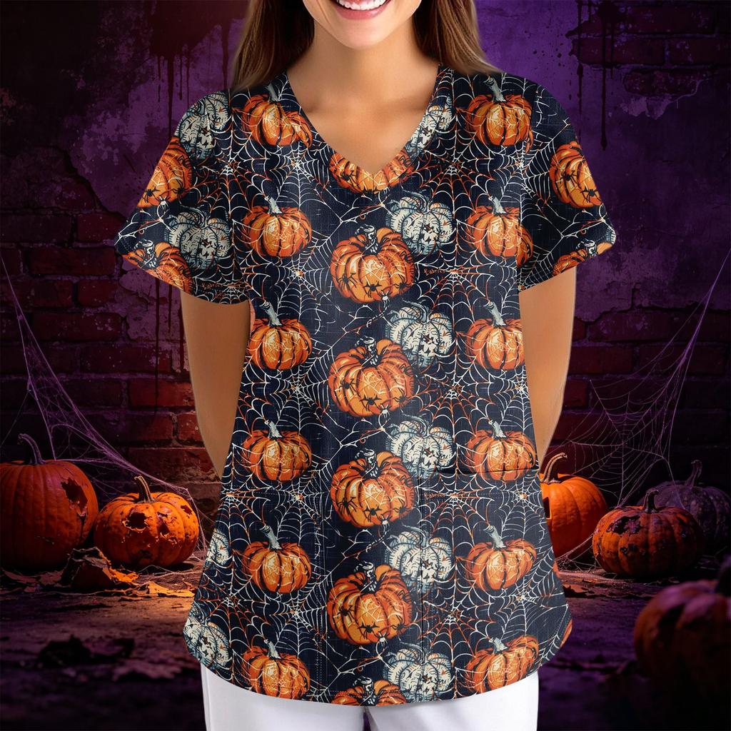 Women Halloween Print Loose Fit V Neck Short Sleeve Medical Scrub Top with Pockets Casual Workwear Uniform for Healthcare Professionals