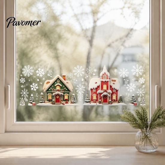 Christmas Window Clings Cabin Static Glass Stickers, PVC Snow House Windows Decals for Holiday Home Indoor Outdoor Decor Decor, Reusable Waterproof