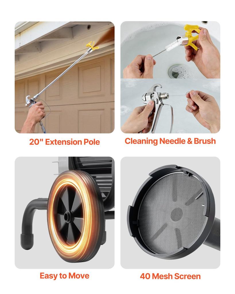 Diaphragm Airless Paint Sprayer, 1800 W Efficient Cart Airless Paint Sprayer, 3300 Psi High Pressure, with Extension Pole, Cleaning Needle and Brush,