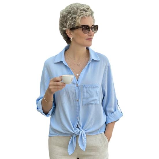 

Women Shirt Lapel Roll-up Long Sleeve Buttons Placket Lace-up Hem Shirt Tops Pure Color Loose Fit Lace Hollow Back Casual Blouse S небесно-голубой