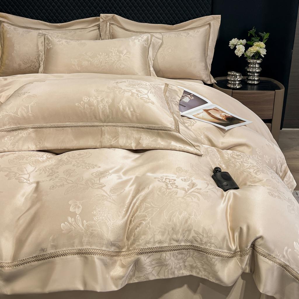 Sleep grid high-precision large flower position jacquard hollow lace bed cover four piece set
