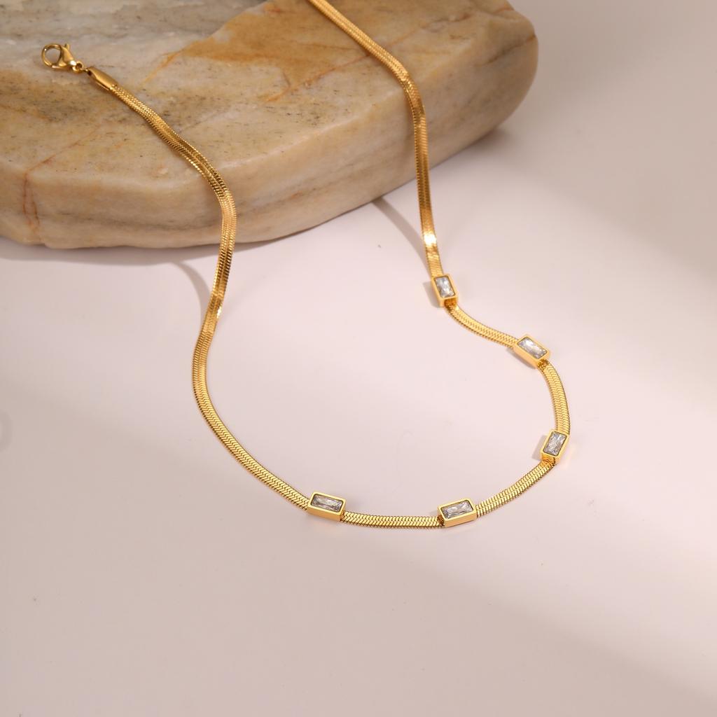 GEMCHIC Women's Vintage Geometry Square Zircon Stainless Steel Choker Necklace Flat Snake Chain Trendy Fashion Jewelry