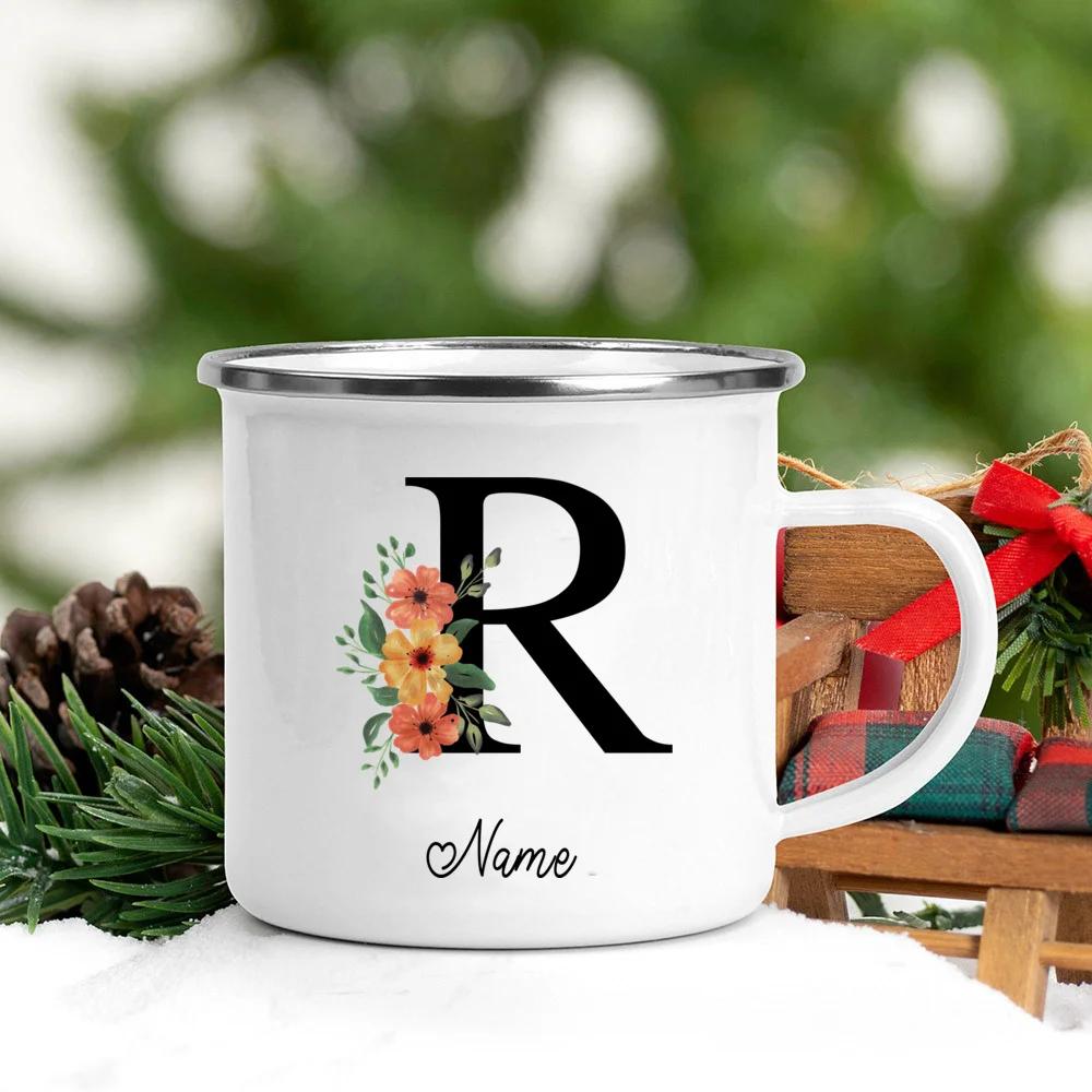 Personalisierte Namens Emailletasse Benutzerdefinierte Blume Buchstabe Alphabet Tasse Camping Henkel Kaffee Tee Milch Tassen Festliche Geburtstagsgeschenke