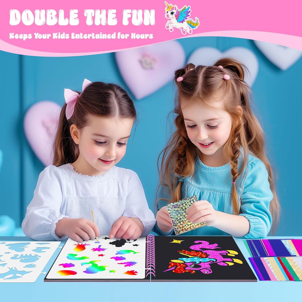 Unicorn Foil Sticker Book and Scratch Art Paper for Kids, DIY Creative Activity Kit, Gifts for Girls Ages 4-9, Travel Toys