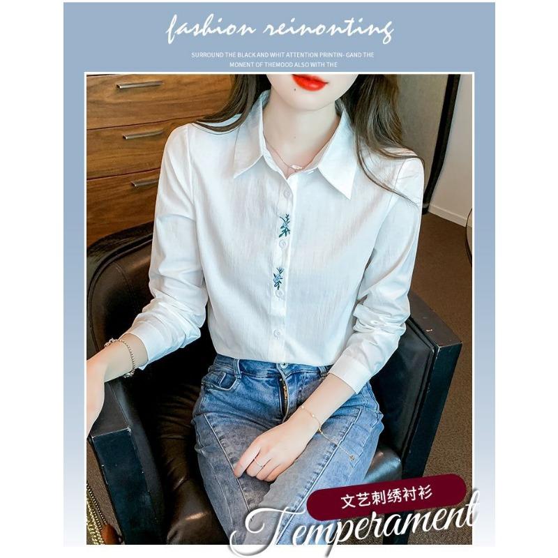 Women Casual Long Sleeve Polyester Shirt With Embroidery