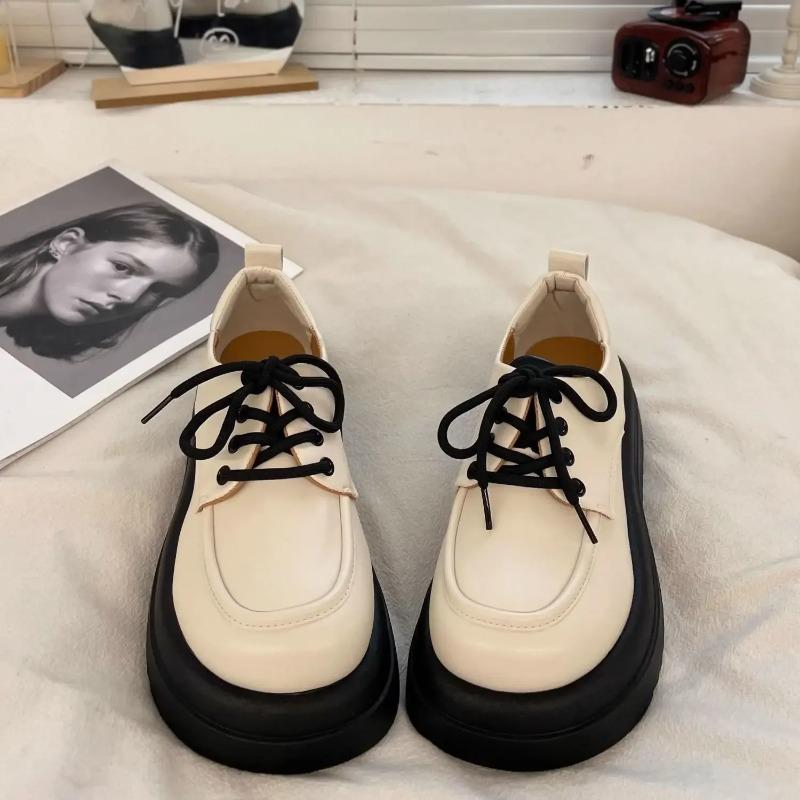Fashion Ladies Pumps Loafers Women's Shoes 2025 Spring Autumn Round Toe Platform Middle Hee Lace Up Casual Leather Single Shoes Female