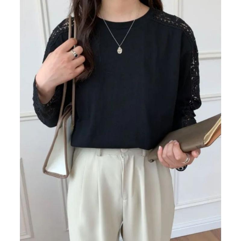 Dobrej Jakości Jesienno-Zimowy Japoński Koreański Jednolity Kolor Koronkowy Pulower Okrągły Dekolt Luźny T-shirt z Długim Rękawem dla Kobiet