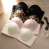 Lace Trim Leopard Print Strapless Push-Up Women's Bust Enhancing Bra Set