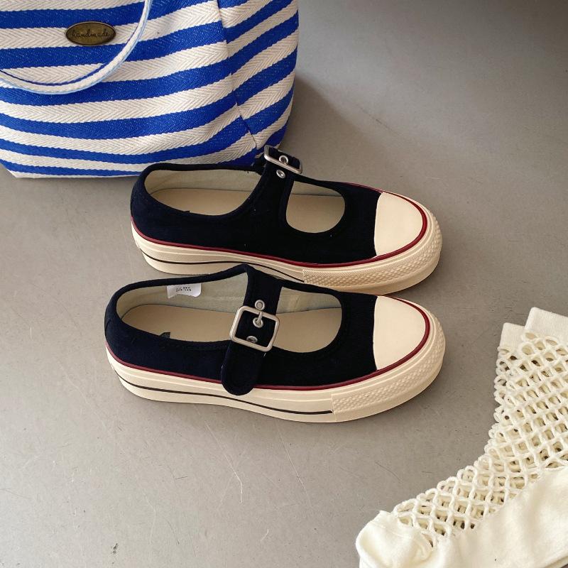 Thick-soled Retro Light-mouth Mary Jane Canvas Shoes, New Lazy One-word Buckle Versatile Casual Women's Shoes