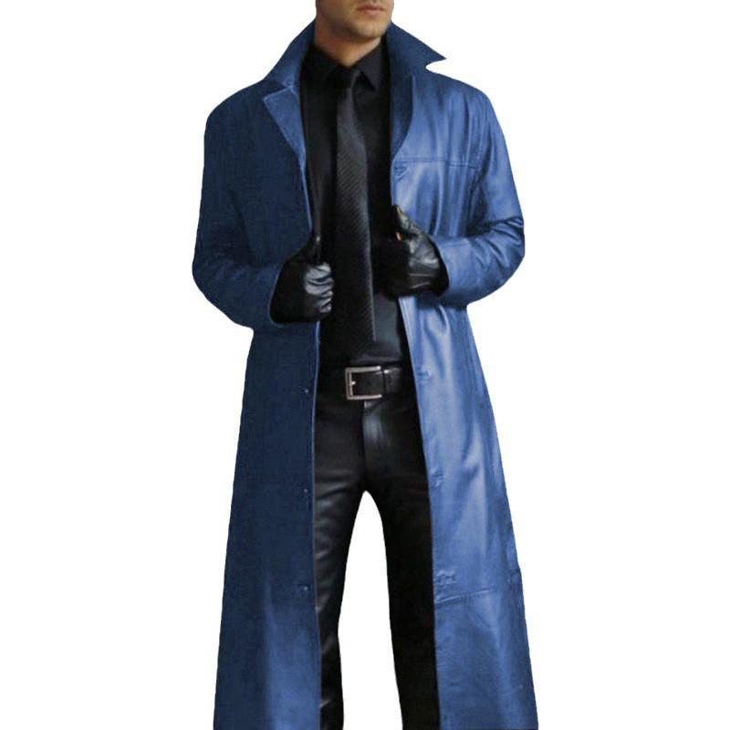 Mens Oversized Longline PU Leather Trench Coat Winter Casual Slim Fit Notched Collar Jacket