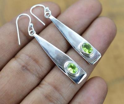 Solid 925 Sterling Silver Peridot Gemstone Handmade Designer Earrings Gift For Her Silver Jewelry