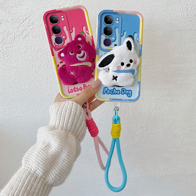 KEYSION Cute 3D Cartoon Plush Case for VIVO V40 Lite V40 SE 80W with Lanyard Soft Silicone Shockproof Phone Cover for VIVO Y19S Y200 5G