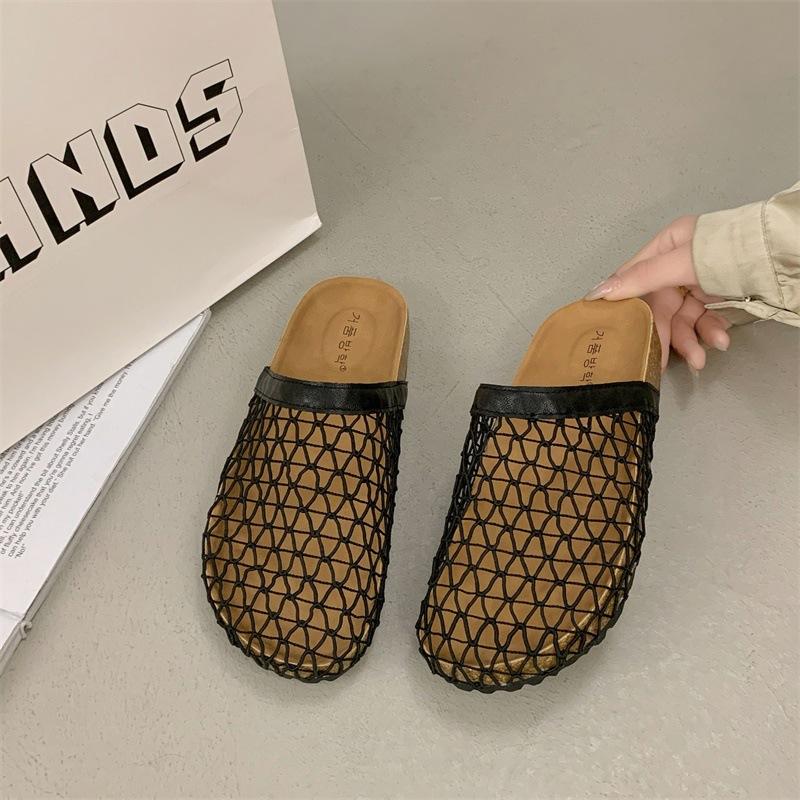 

Французские плетеные полутапочки с полым верхом женские летние 2025 новые сетчатые сандалии сетка-рабица дышащие сандалии с закрытым носком 40 чёрный