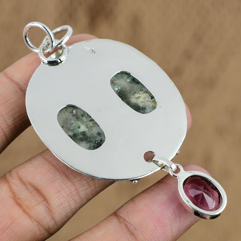 Natural Moss Agate Gemstone Pendant Handmade 925 Sterling Silver Indian Jewelry