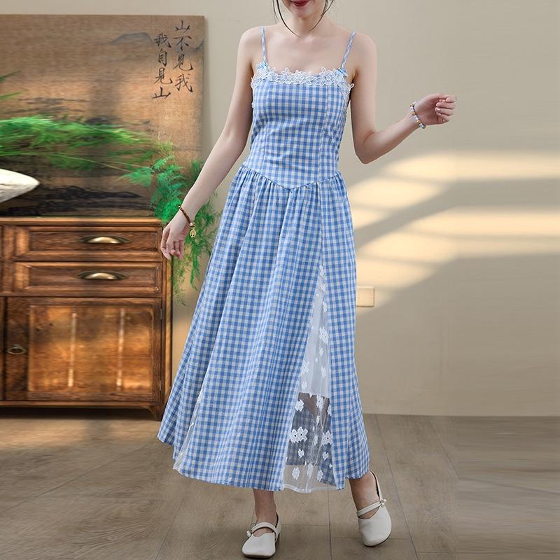 Gentle wind blue plaid suspender dress women's summer new waist thin lace long skirt