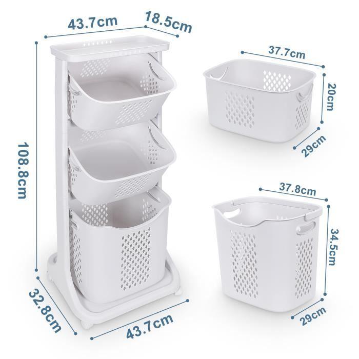 Yorbay Chariot à Linge, Panier à Linge, Corbeille À Linge avec 3 Paniers Amovibles avec roulettes