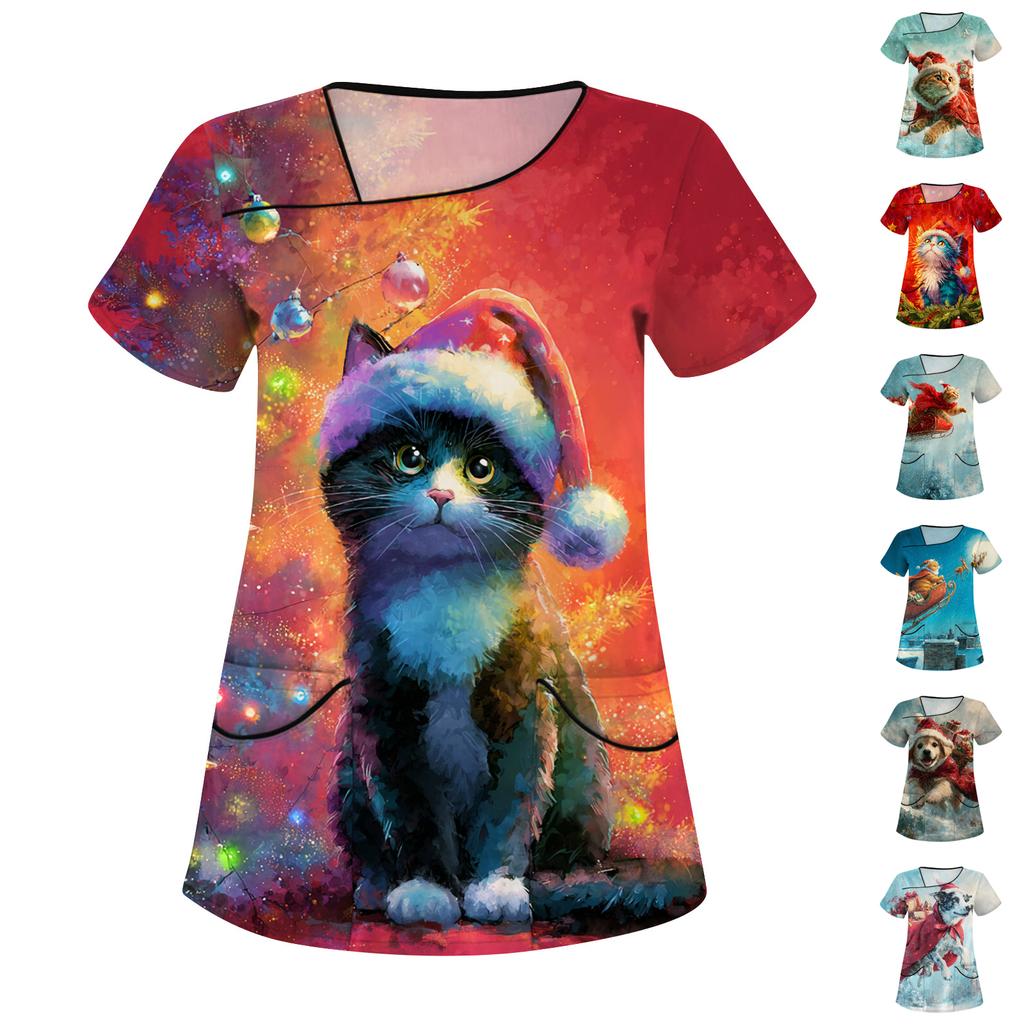 Women's Printed Work Clothes, Sloping Collar And Double Layer Pockets, Basic Top Pullover