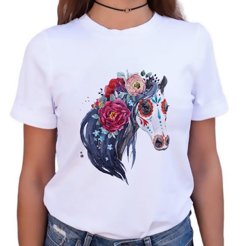 Womens Tshirt Stylish O-Neck Short Sleeve Cartoon Horse Simple Female Tee Tshirts Summer Clothes White Tops 90S Female T Shirt