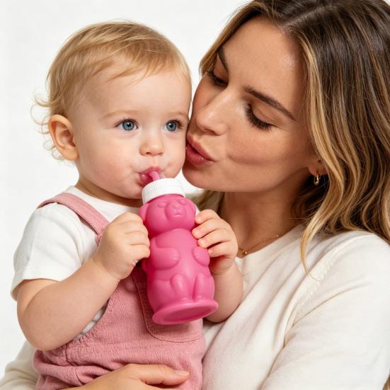 Bear Sippy Cup with Markings Silicone Straw Cup for Babies 8oz Translucent Drinking Bottle for Milk & Juice Training