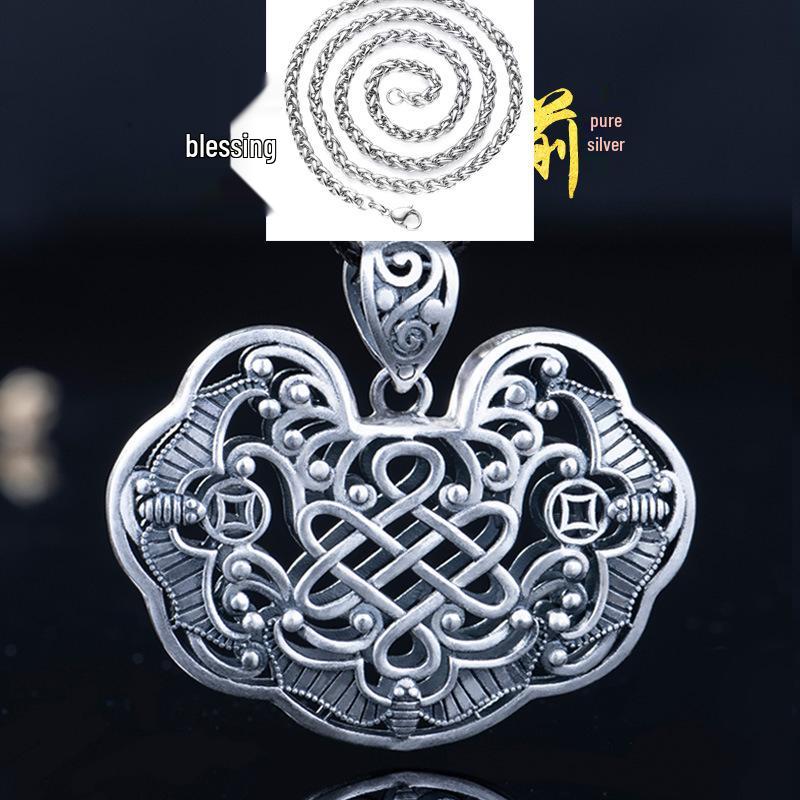 Sterling Silver Bat & Longevity Lock Pendant Necklace for Men & Women - Retro Sweater Chain Full Moon Gift