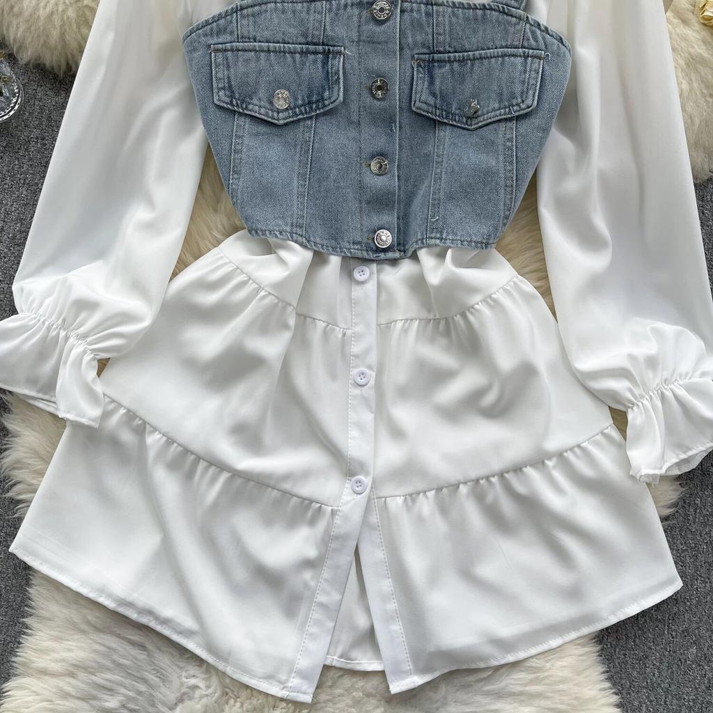 Koreansk Seriekläder Återupplivande Tvådelat Set Topp Retro Kort Jeansväst Trendigt Allmatchande Mellanlångt Skjortset