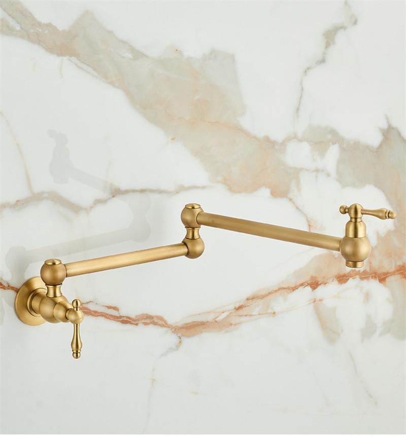 Złoty kran do napełniania garnków, montowany na ścianie, składany, antyczny kran kuchenny, pojedynczy zimny kran do zlewu, obrotowa składana wylewka, szczotkowany złoty mosiądz