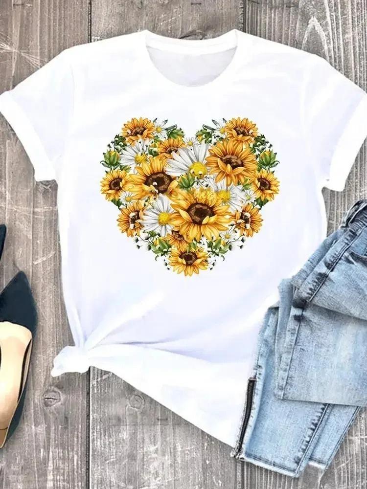 Womens White Short Sleeved Tshirt  Sunflower Bicycle Printed Casual Summer Fashion Tshirt with Rose Heart Pattern Top
