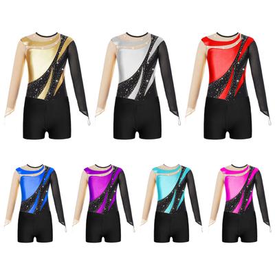 Kids Girls Gymnastics Leotards Long Sleeve Keyhole Back Bodysuit Ballet Dancewear with Shorts Competition Outfits
