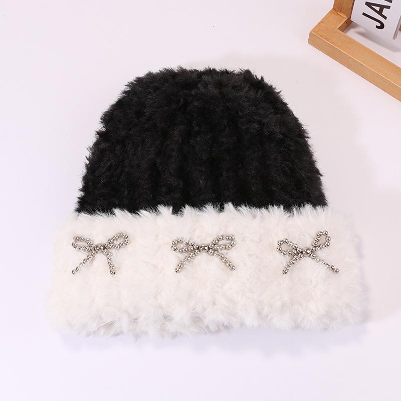 Autumn and Winter Warm Plush Hat for Women with Bow Knitted Hat Outdoor Cold Color Proof Pullover Hat Ear Protection Korean Cold Hat