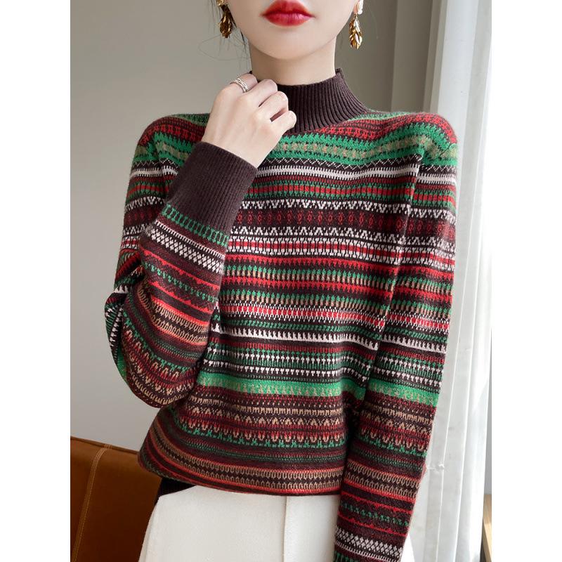 Damen Retro Gestreifter Strickpullover mit hohem Kragen - Vielseitig & Modisch für Herbst/Winter