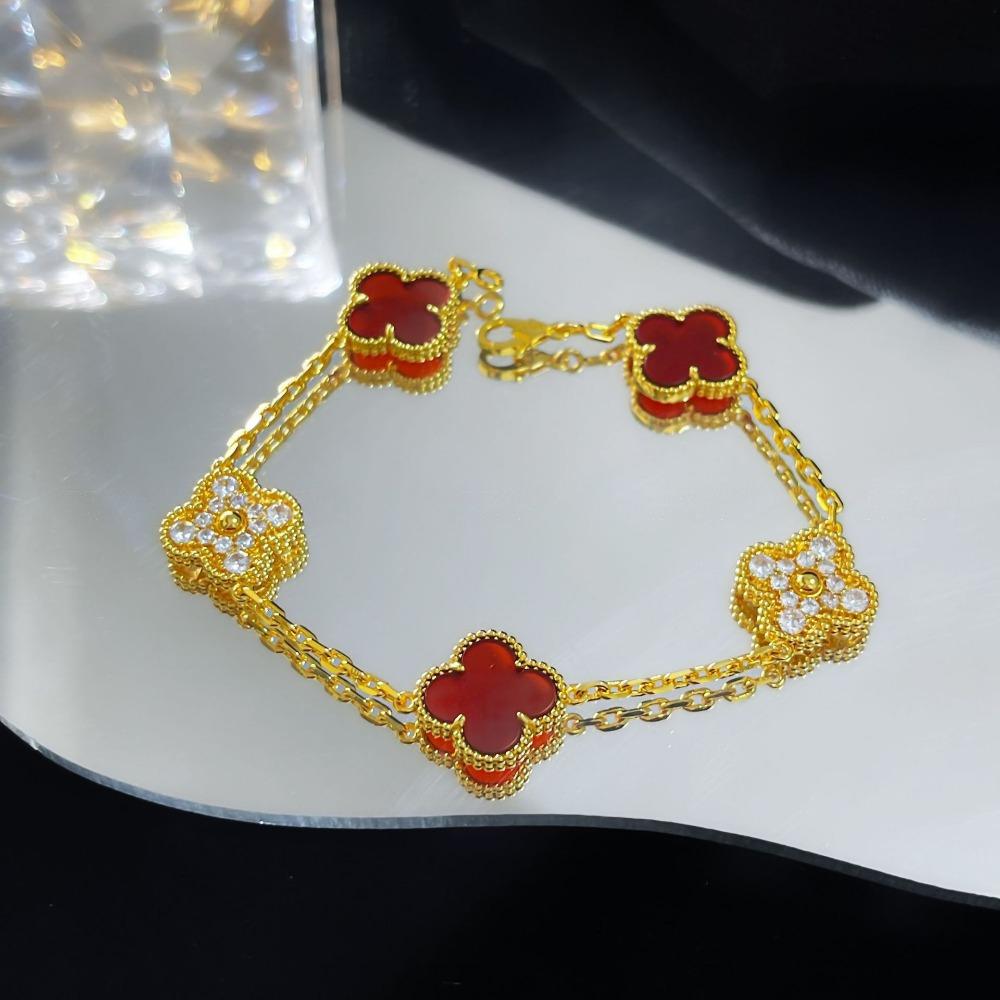 Bracelet Trèfle à Quatre Feuilles Version Haute Cinq Fleurs Calcédoine Violette Naturelle Gravé Laser CNC 18K Ne Se Décolore Pas Bracelet pour Dames