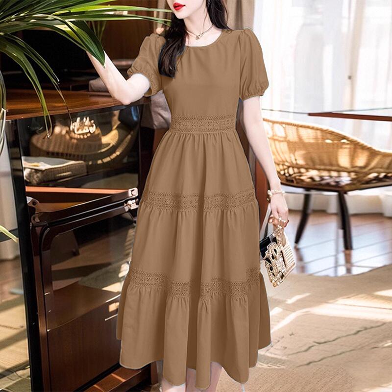 ZANZEA Women Casual O-neck Short Sleeve Summer Lace Patchwork Long Dress