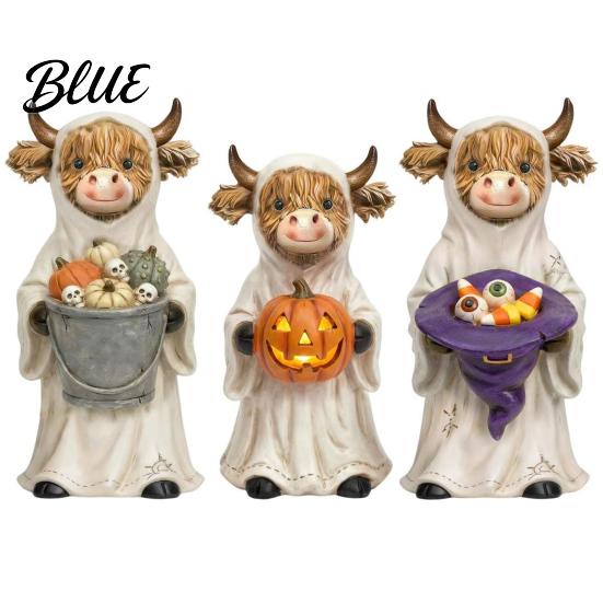 Seasonal Home Decoration 3Pcs Halloween Ghost Highland Cow Figurines, Resin Yak Statues with Pumpkin, Farmhouse Porch Garden Statuette Tabletop