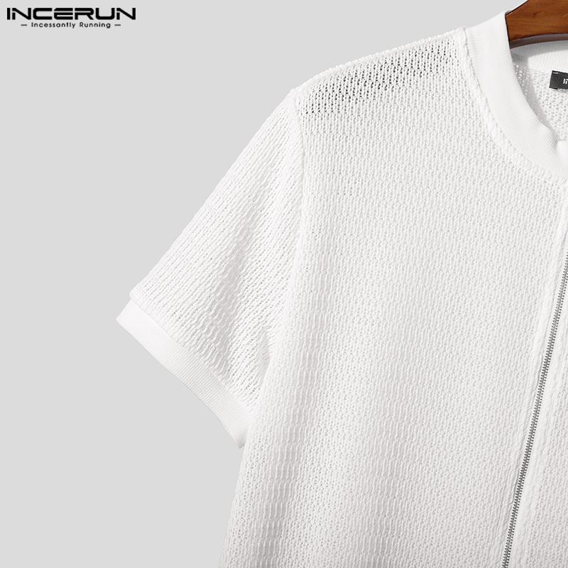 INCERUN Herren Reißverschluss Kurzarm Durchsichtig Lässig Hemden Oberteile